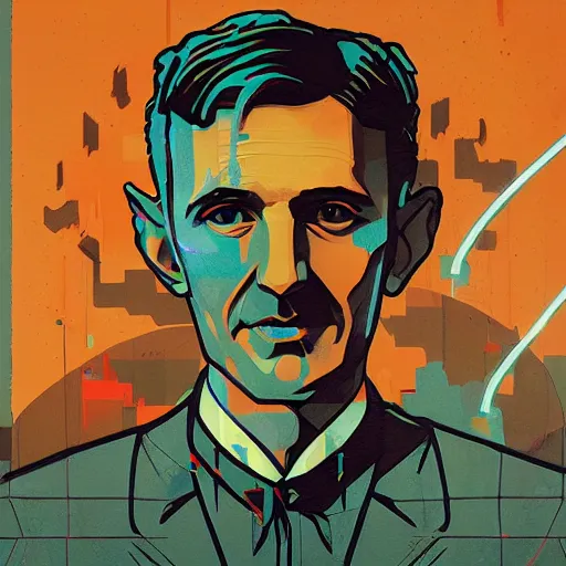 Image similar to majestic genius inventor nikola tesla profile picture by sachin teng, masterpiece, organic painting, matte painting, technical geometrical drawing shapes, lightning electricity coil, hard edges, graffiti, street art by sachin teng