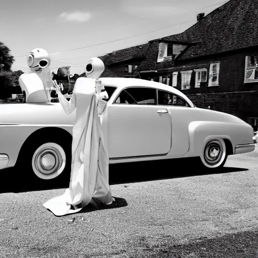 Prompt: lady gaga as a futuristic robot made out of white glass and shiny chrome washing a vintage 1 9 5 0's car, a woman washing a car on a hot summer day, high resolution film still, 8 k, hdr colors