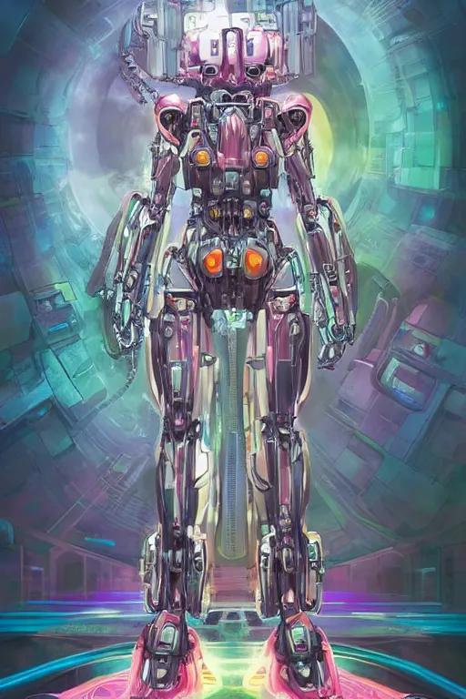 Image similar to attractive biomechanical female mecha in feminine pose on a hyper-maximalist overdetailed retrofuturist scifi bookcover illustration from '70s. Inspired by gundam and shadowrun book cover illustrations. Biopunk, solarpunk style. Daytime. Made by echo chernik. Artstation.