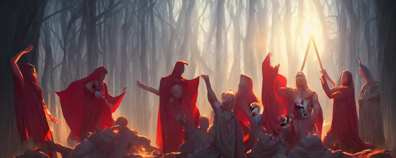 Image similar to cult members performing a ritual in capes by magali villeneuve, artgerm, greg rutkowski, digital art, sharp focus, award winning, intrecate details, 4 k,