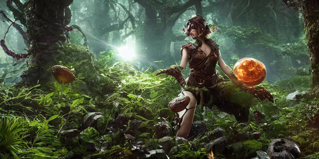 Image similar to female earth mage, high quality character design, action pose : : spotlight, magical, biopunk, forestpunk, forest, mushrooms, high detail, 8 k, oled, shadows, reflections, digital art, official art, octane render, dynamic camera angle, unreal engine