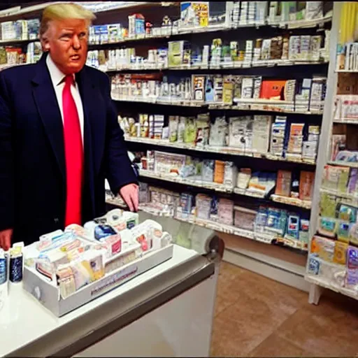 Prompt: photograph of donald trump at the pharmacy picking up adderall, photo by james cameron, amazing lighting
