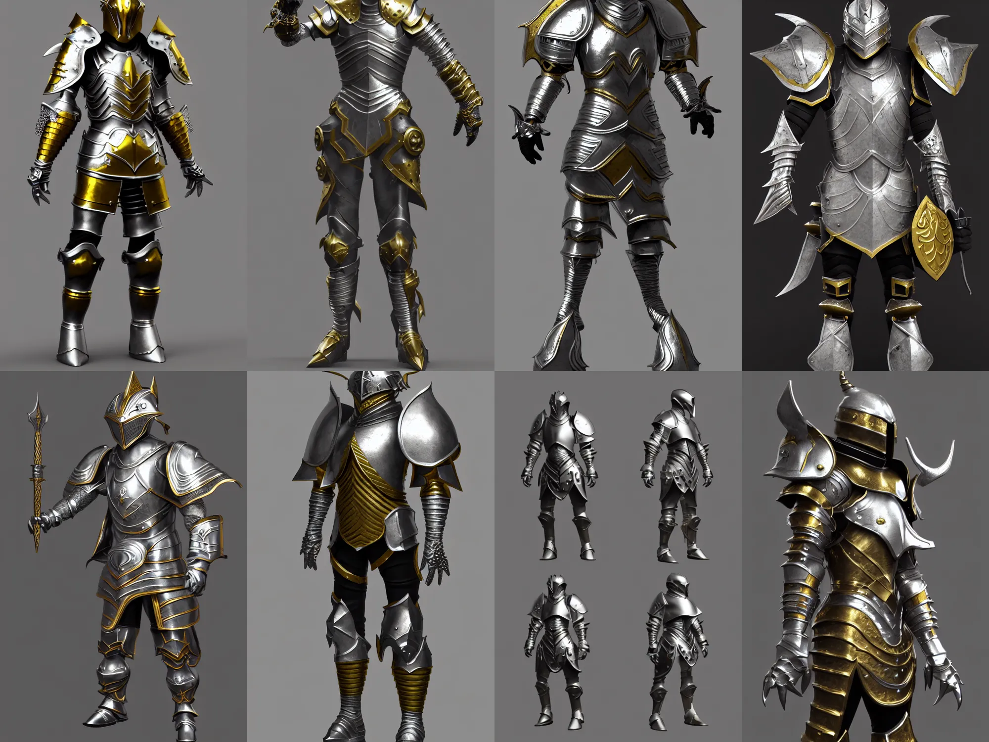 Prompt: render of incredible awesome unusual fantasy armor, silver with gold trim, huge stylized pauldrons, medieval fantasy, extremely clean, exaggerated proportions, trending on Artstation, HD Octane render, 8k