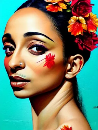 Prompt: portrait of sade with a floral background : : painted by artgerm, karol bak, artur bordalo, sandra chevrier : : portrait, character, illustration, hyperrealism, photorealism