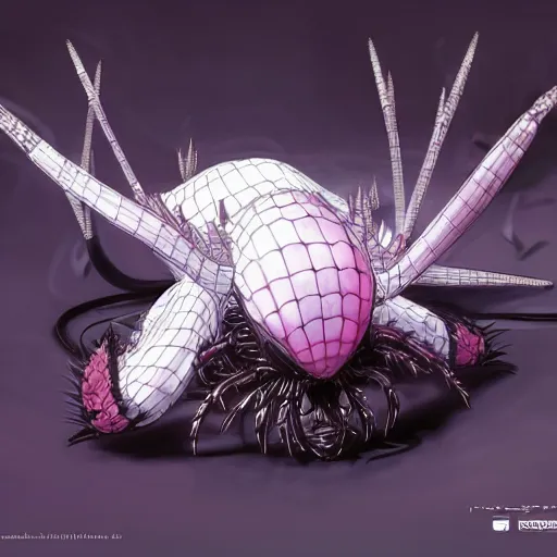 Image similar to Kumoko, a White and black patterened spider with pink eyes and spikes on it's back, CGI, anime, Kumo Desu ga Nani ka?, digital 3D drawing, sharp focus, concept-art, art by artgerm and greg rutkowski and alphonse mucha