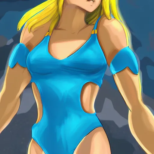 Image similar to Samus Aran from Metroid in a light-blue bikini sunbathing on the beach, digital art