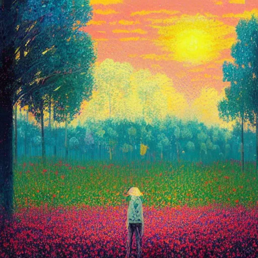 Image similar to head made of flowers, standing in a flower field, big trees, sunrise dramatic light, impressionist painting, colorful clouds, digital painting, pointillism, artstation, simon stalenhag