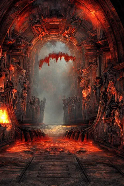 Image similar to The Gates of Hell as seen Through Gods Eyes, Visually Stimulating, Profound, Layered Shadows, Ultra Detail, Ultra Defined, Ultra High Definition, Cinematic Render, Cinematic Lighting