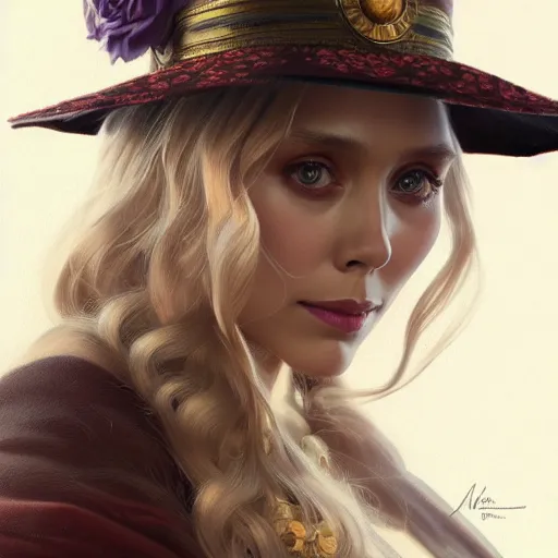 Prompt: portrait of elizabeth olsen wandavision, detailed face, decorated, intricate, elegant, highly detailed, digital painting, artstation, concept art, smooth, sharp focus, illustration, art by artgerm and greg rutkowski and alphonse mucha, 8 k