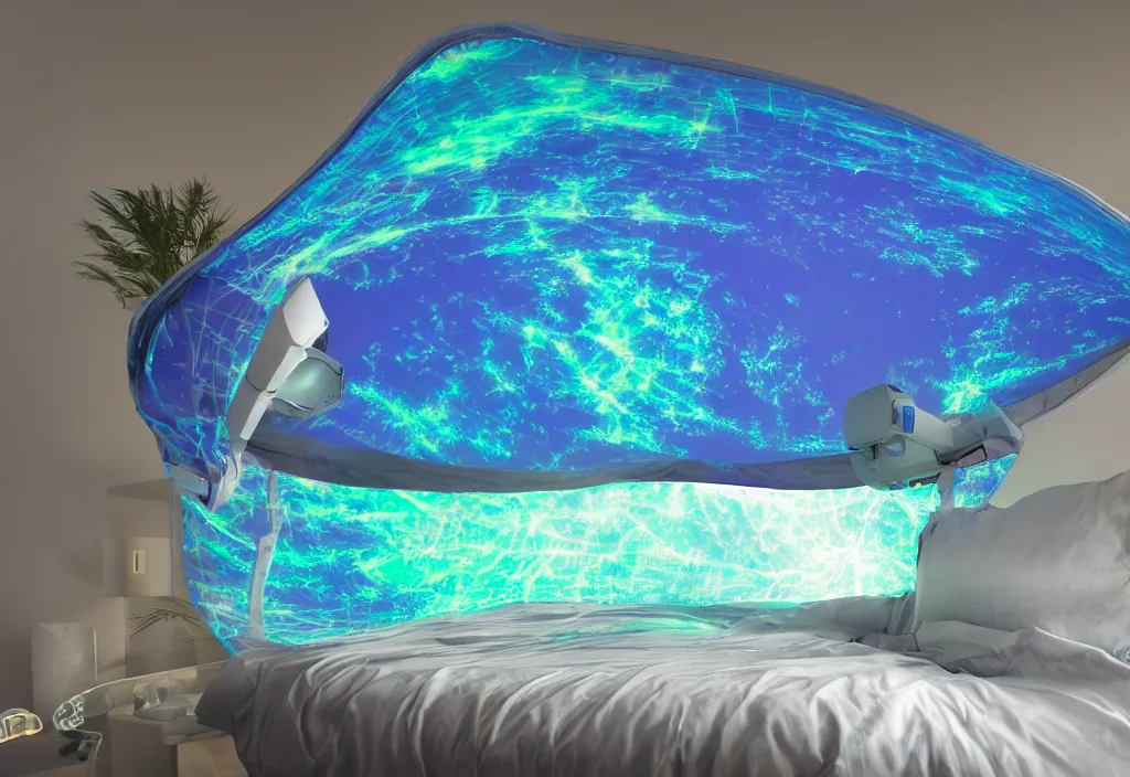 Image similar to curved translucent bedsheets projecting detailed holographic florida storm weathermap, pixel perfect photograph, high contrast, volumetric lighting, thin glowing lights, bedroom, visor, users, pair of keycards on table