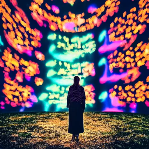 Image similar to a woman standing on steps in a field at night, a hologram by kusama, instagram, optical illusion, full body, ultra hd, neon