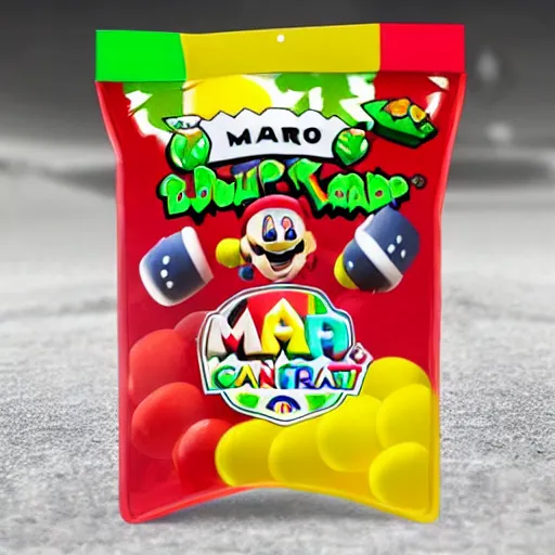 Prompt: Mario Kart Double Dash gummy candy bag. Creative unique sweets product design.