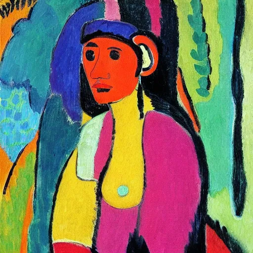 Image similar to painting of, young native american woman, full clothes on, in a jungle, by alexej von jawlensky