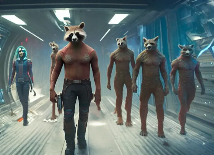 Prompt: film still of Rocket Racoon goes bowling in the new Guardians of the Galaxy movie, 4k