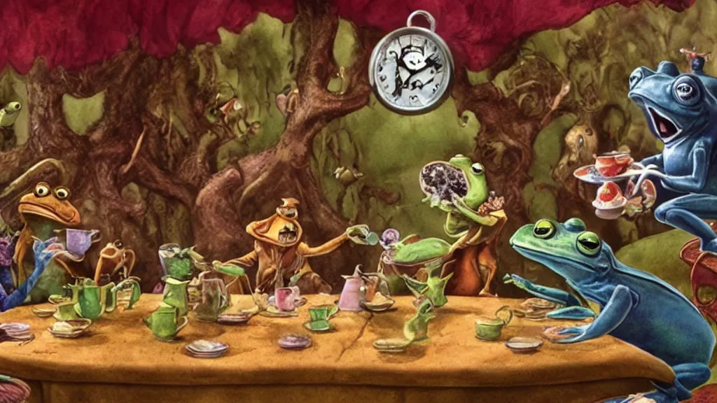 Prompt: A movie screenshot of frogs and toads (by Brian Froud) having tea with Alice in Wonderland, directed by Henry Selick and Tim Burton, claymation, cinematic, balanced composition, whimsical.