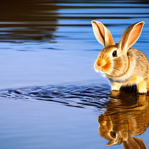 Prompt: a rabbit posing with a kayak next to a calm swedish river, 4k photorealistic