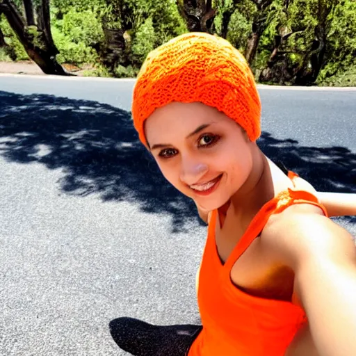 Image similar to girl lounging in a convertible car wearing an orange beanie and a sleeveless shirt, selfie, faint smile