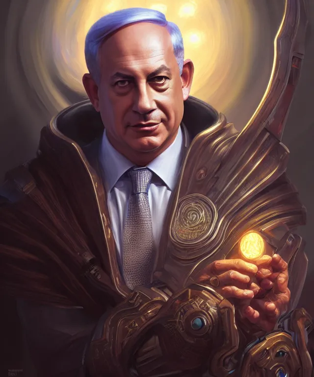 Image similar to Benjamin Netanyahu as a fantasy magic man portrait, sci-fi, amber eyes, face, fantasy, intricate, elegant, highly detailed, digital painting, artstation, concept art, smooth, sharp focus, illustration, art by artgerm and greg rutkowski and alphonse mucha