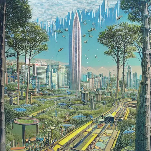 Image similar to City of the future in harmony with nature. Beautiful detailed painting by moebius (1975).