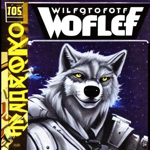 Image similar to 1 9 8 0 s video game art of anthropomorphic wolf o'donnell from starfox fursona furry wolf in a dark space mercenary uniform, looking heroic, magazine scan, 8 0 s game box art, dark grey wolf o'donnell