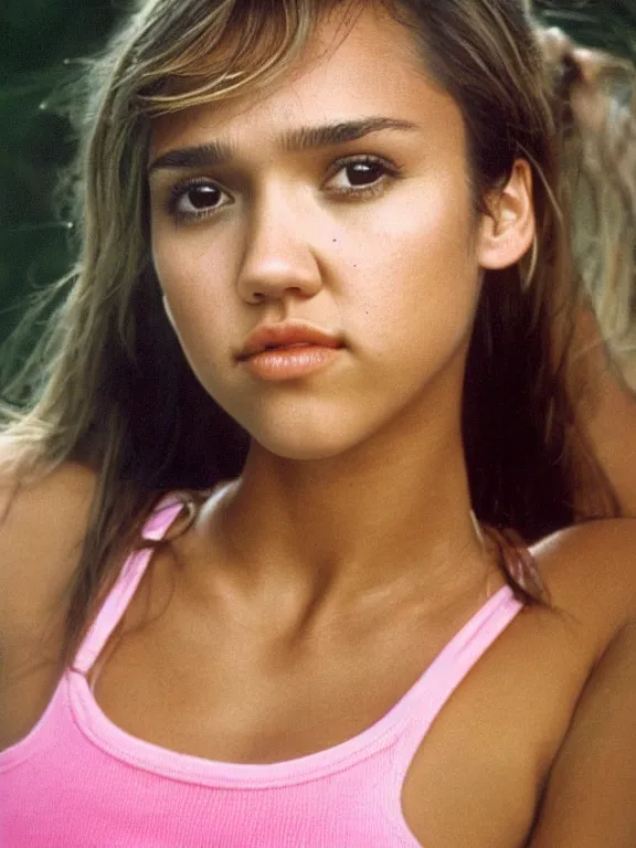 Prompt: hyperdetailed close shot of young jessica alba, with pink tank top with a logo, fine - face, pretty face