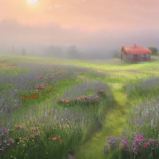 Image similar to a matte painting of a european prairie, cottages, foggy, patchy flowers, oil painting, pale colors, high detail, 8 k, wide angle, trending on artstation,