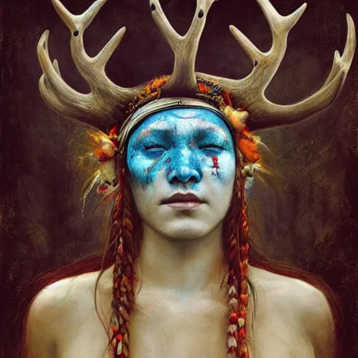 Image similar to A young female shaman blindfolded with a decorated headband like heilung, blue hair and antlers on her head, made by Esao Andrews and Karol Bak and Zdzislaw Beksinski