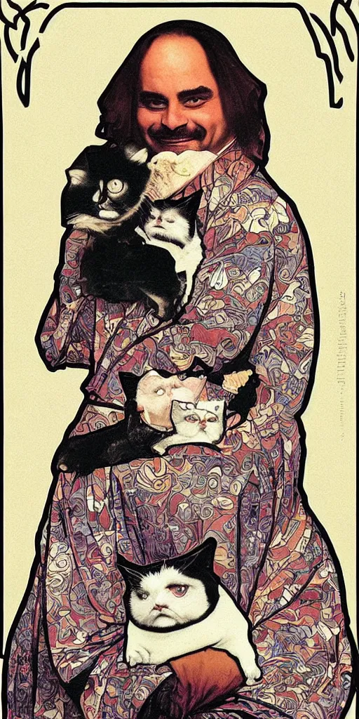 Prompt: “ george costanza from seinfeld holding grumpy cat, halo, art nouveau, extremely detailed, by alphonse mucha ”