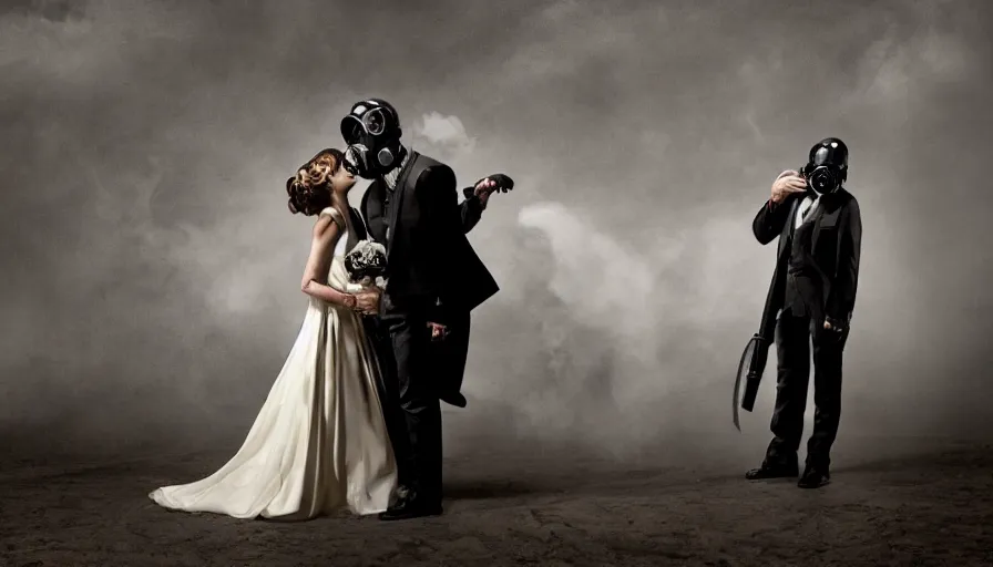 Image similar to disturbing big budget hollywood movie bride and groom wearing gas masks at the marriage of reason and squalor perfect composition dramatic lighting chiaroscuro