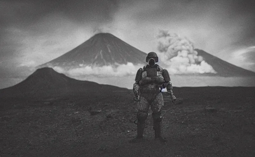 Image similar to A juggernaut soldier with a gasmask standing in front of an erupting volcano, vintage, professional photography, black and white, cinematic, eerie