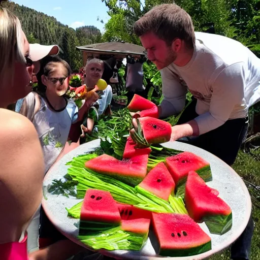 Prompt: the vegetables have their hands full of flowers with mikey serving water and giving away slices of watermelon