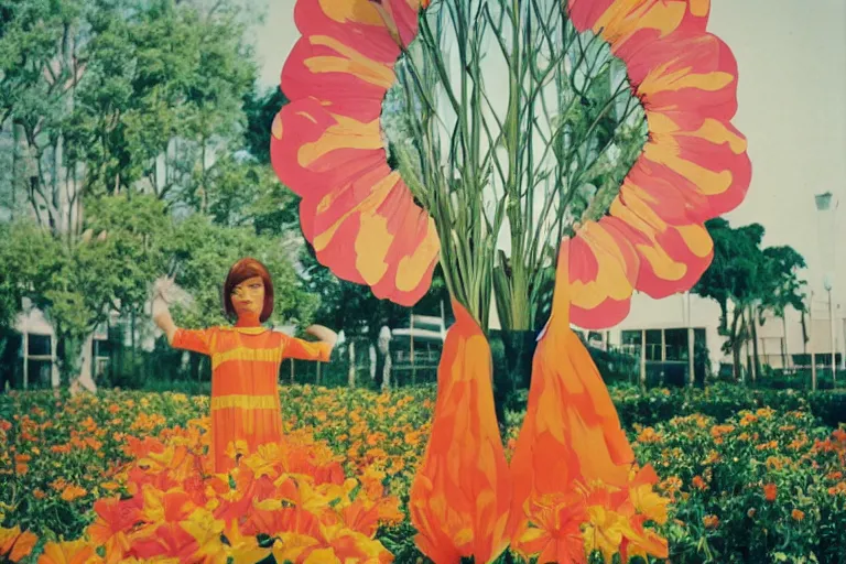 Image similar to giant flower head, girl standing, 1 9 6 0 s architecture, surreal photography, frontal, symmetry, mid century, liminal space, bright colours, wes anderson