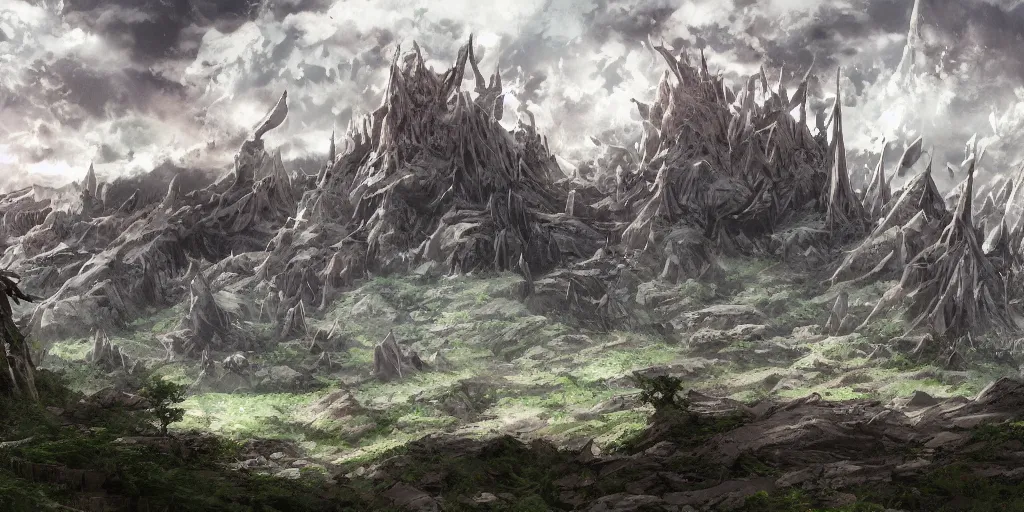 Image similar to landscape, medieval, claymore anime background, world destroyer from claymore manga towering in the sky, a forest in the foreground, mountains in the background, concept art, colour, illustration, smooth, sharp focus, tilted angle, intricate, trending on artstation, trending on deviantart, 4 k