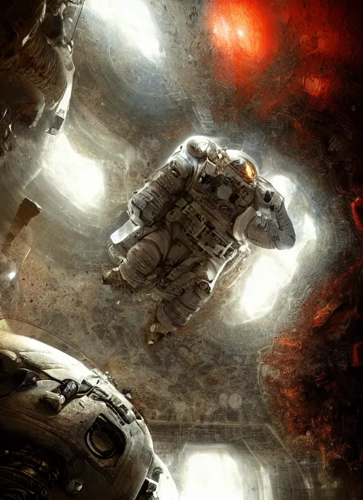 Image similar to infrared concept art by craig mullins astronaut in futuristic dark and empty spaceship underwater. complex and hyperdetailed technical suit. mandelbulb fractal. reflection and dispersion materials. rays and dispersion of light. volumetric light. 5 0 mm, f / 3 2. noise film photo. flash photography. octane render. interstellar movie art