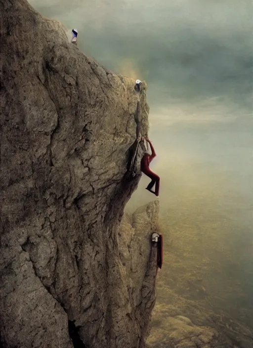 Image similar to action shot of Nicole Kidman hanging from a cliff face, Les Edwards, Zdzislaw Beksinski, Carl Gustav Carus, John Harris, Michal Karcz, Zhang Kechun, Mikko Lagerstedt, Scott Listfield, Steven Outram, Jessica Rossier