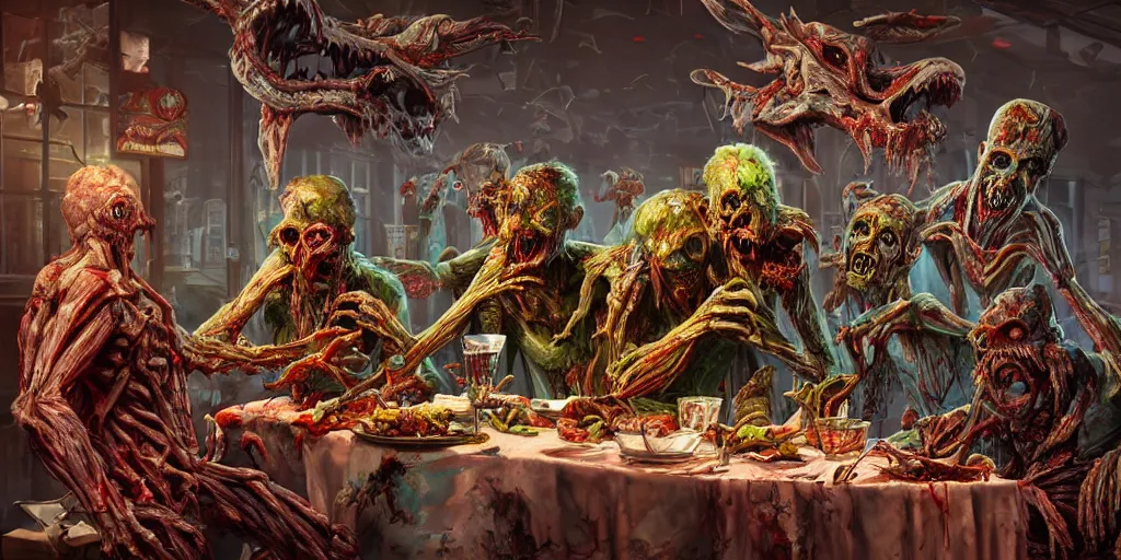 Image similar to zombies eating dinner at a christmas party, monster anatomy, ross tran, vivid colors anatomical, highly detailed sculpture, intricate detailed, ommatidia, 8 k, cinematic atmosphere, post - processing