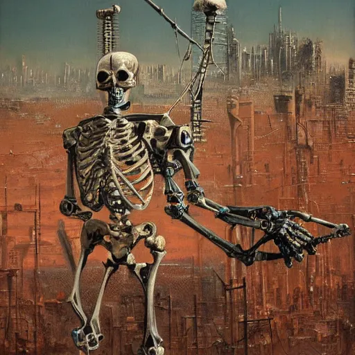 Image similar to cyborg skeleton robot, sharp boney angles, wires and lights exposed, skeleton has guns for hands, detailed cyberpunk city in background, beksinski style oil pairing on canvas, highly detailed