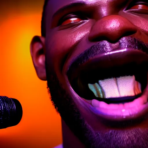 Image similar to a black man singing with all teeth shown ultra realistic, lens flare, atmosphere, glow, detailed, intricate, full of colour, cinematic lighting, trending on artstation, 4 k, hyperrealistic, focused, extreme details, unreal engine 5, cinematic, masterpiece, ultra realistic, hyper realistic, highly detailed, sharp focus, digital art