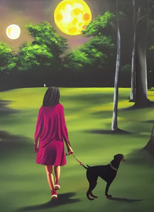 Image similar to young brown woman walking her dog in a park at night with a full moon, acrylic painting, photoreal, fantasy