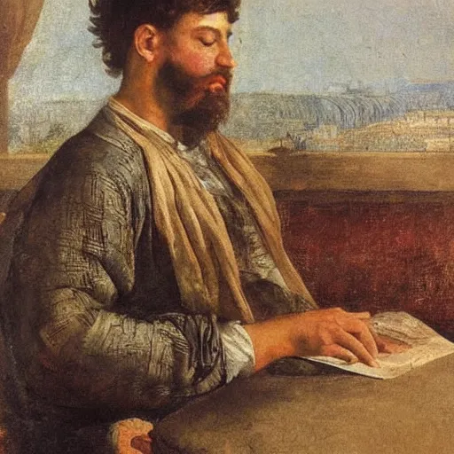 Prompt: it's morning. sunlight is pouring through the window bathing the face of a man enjoying a hot cup of coffee and writing with a quild on white paper. a new day has dawned bringing with it new hopes and aspirations. painting by titian, 1 5 6 6