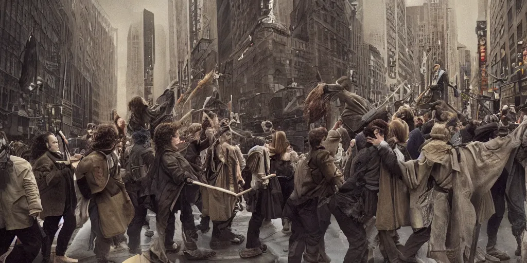 Image similar to hobbits rioting in the streets of new york, surrealism aesthetic, detailed facial expressions