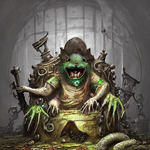 Prompt: murky sewer scene with a grinning rat king sitting on a throne, surrounded by other rats. trending on artstation, fantasy illustration, realistic, extremely detailed