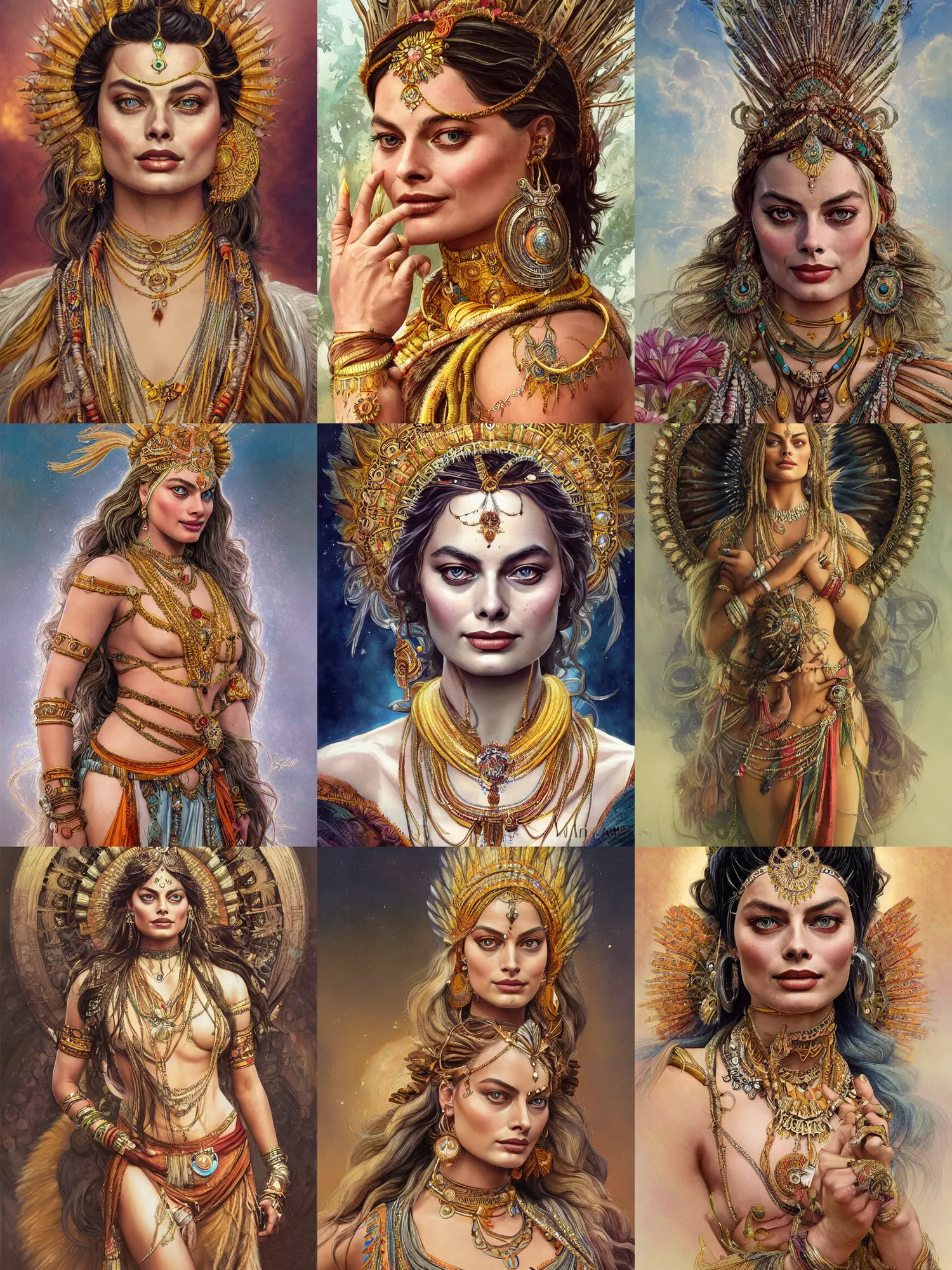 Prompt: Margot Robbie as an Indian Goddess, cute, fantasy, intricate, elegant, highly detailed, digital painting, 4k, HDR, concept art, detailed jewelry, smooth, sharp focus, illustration, art by Artgerm and H R Giger and Greg Rutkowski and Alphonse Mucha