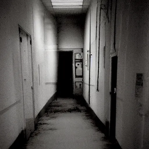 Image similar to decrepit hospital hallway, blurry shadow figure peeking through a corner, craigslist photo