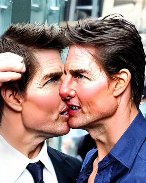 Image similar to a realistic photo of Tom Cruise kissing himself