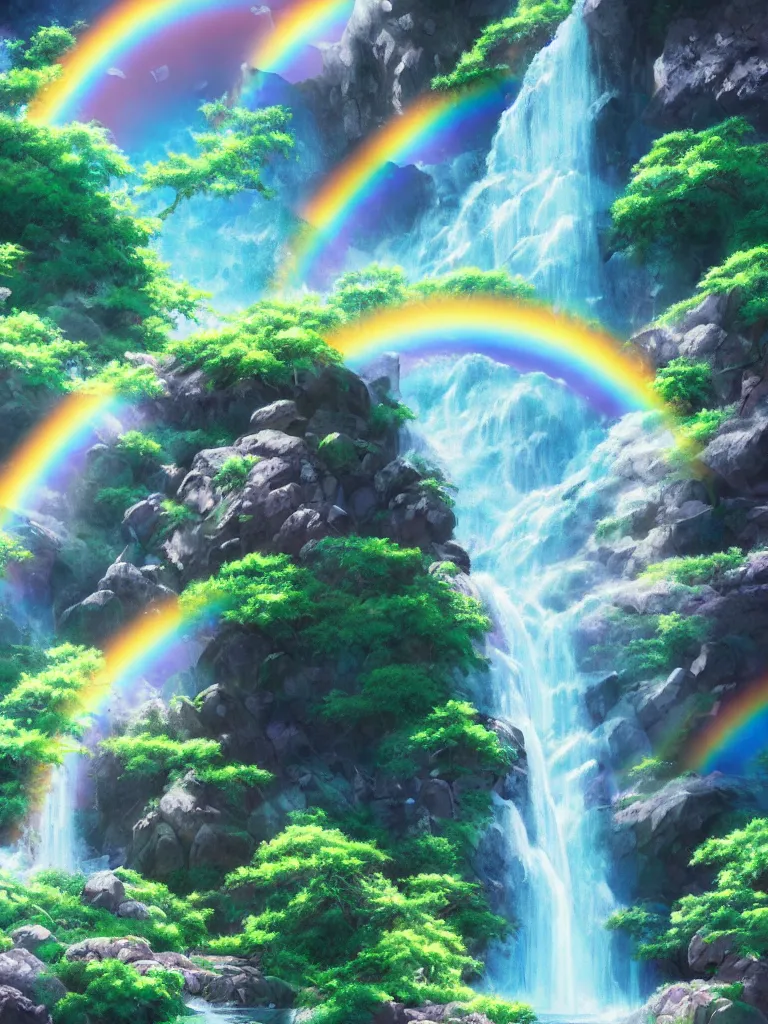 Image similar to anime - style illustration of waterfall cascading onto rocks, small rainbow emerging in background, ethereal, beautiful scenery, intricately meticulously detailed, amazing, glitter, 8 k render octane high definition