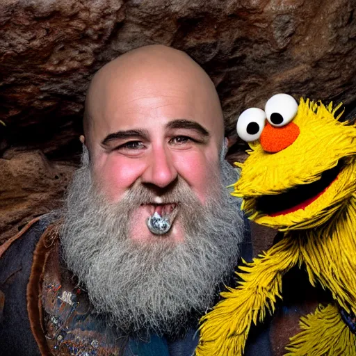 Image similar to an artificer dwarf muppet with a big beard and an obsession for gold and gems who loves to sleep on rocky terrain, sesame street, photograph, photography, ultrarealistic, national geographic