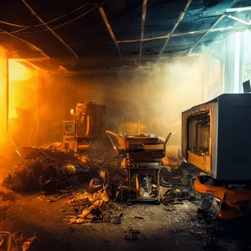 Prompt: toaster oven, dark messy smoke - filled cluttered workshop, dark, dramatic lighting, orange tint, cinematic, highly detailed, sci - fi, futuristic, movie still