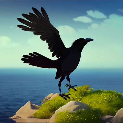 Image similar to a wholesome animation key shot of a crow flying towards an island in the night, medium shot, studio ghibli, pixar and disney animation, sharp, rendered in unreal engine 5, anime key art by greg rutkowski, bloom, dramatic lighting