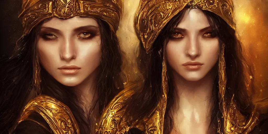 Prompt: portrait of a young beautiful priestess with long black hair weavering golden strings of magic, barroque painting, ultra realistic. cinematic, dynamic. magic the gathering style. epic fantasy, insanely detailed, 4k, symmetrical face, rpg character reference. gourgeous.